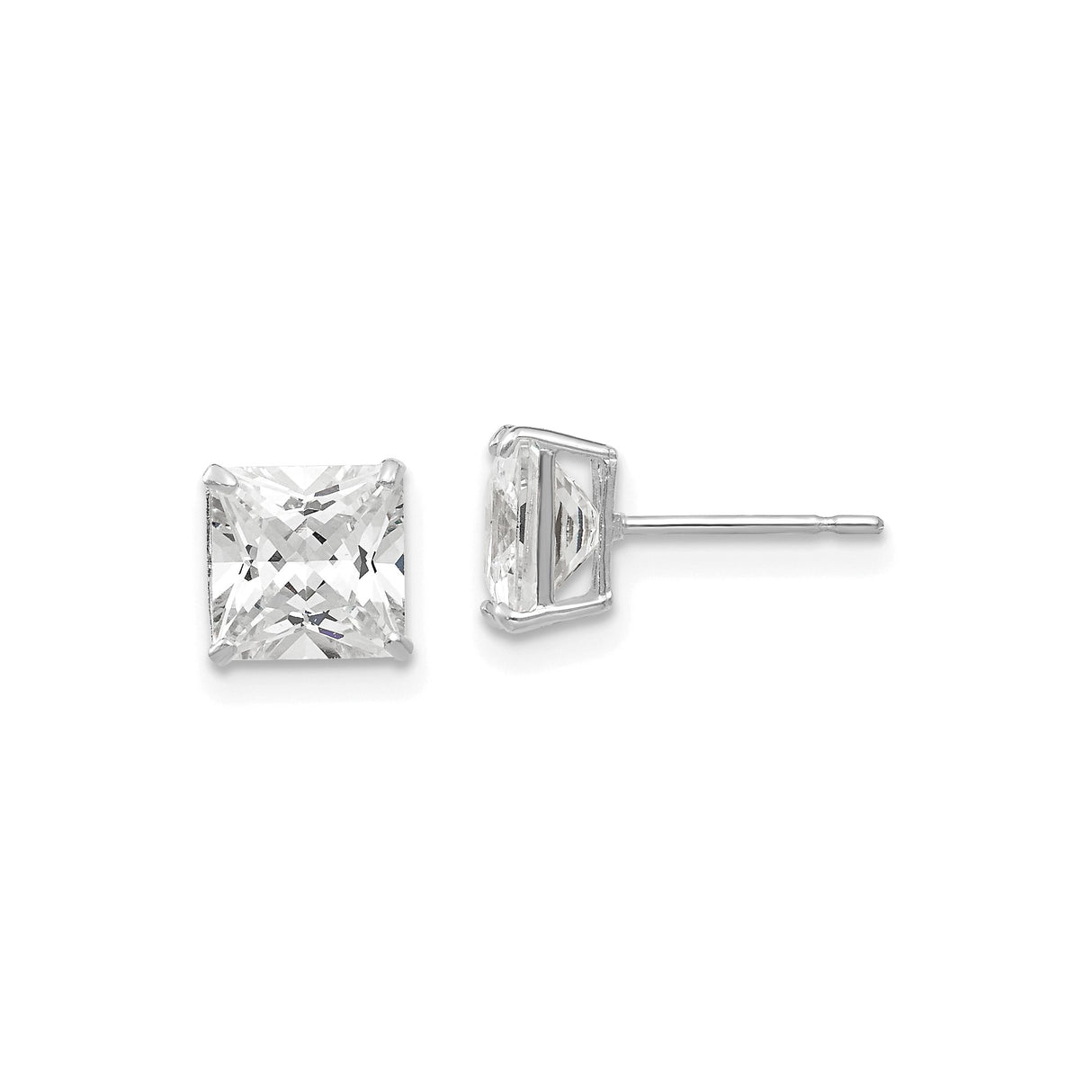 14k White Gold Stud Earrings with Cubic Zirconia, Princess Cut, Four-Prong Setting, Classic Style