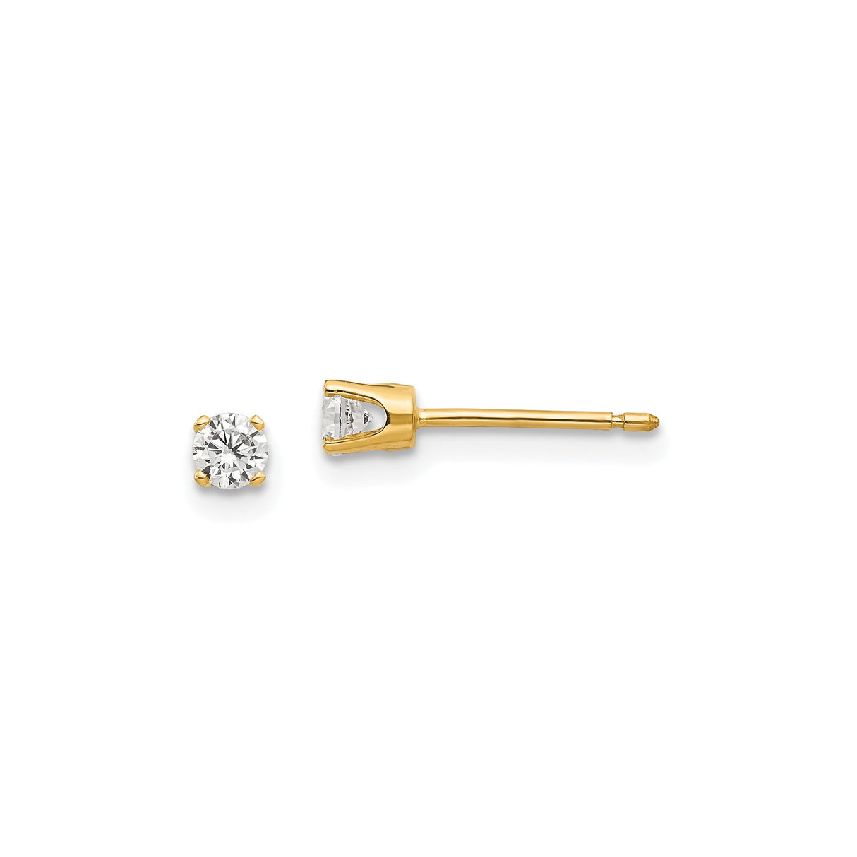 14k Yellow Gold Stud Earrings with Round Cut Cubic Zirconia in Four Prong Solitaire Setting