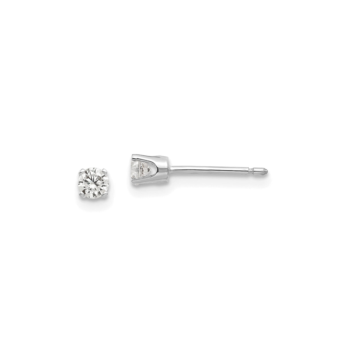 14k White Gold Stud Earrings, Round Cut Cubic Zirconia Solitaire in Prong Setting