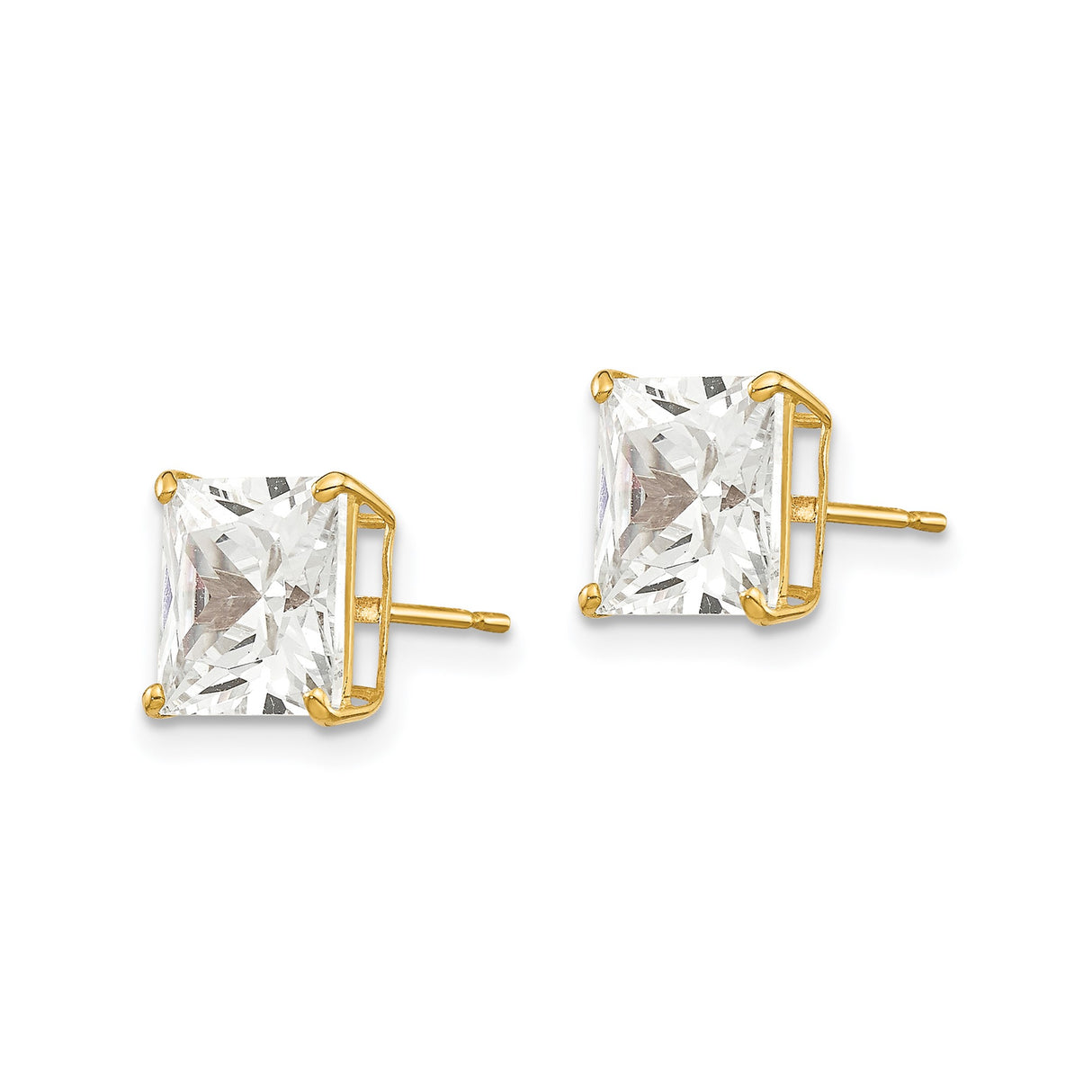 14k Yellow Gold Stud Earrings with Square Princess Cut Cubic Zirconia, Minimalist Design