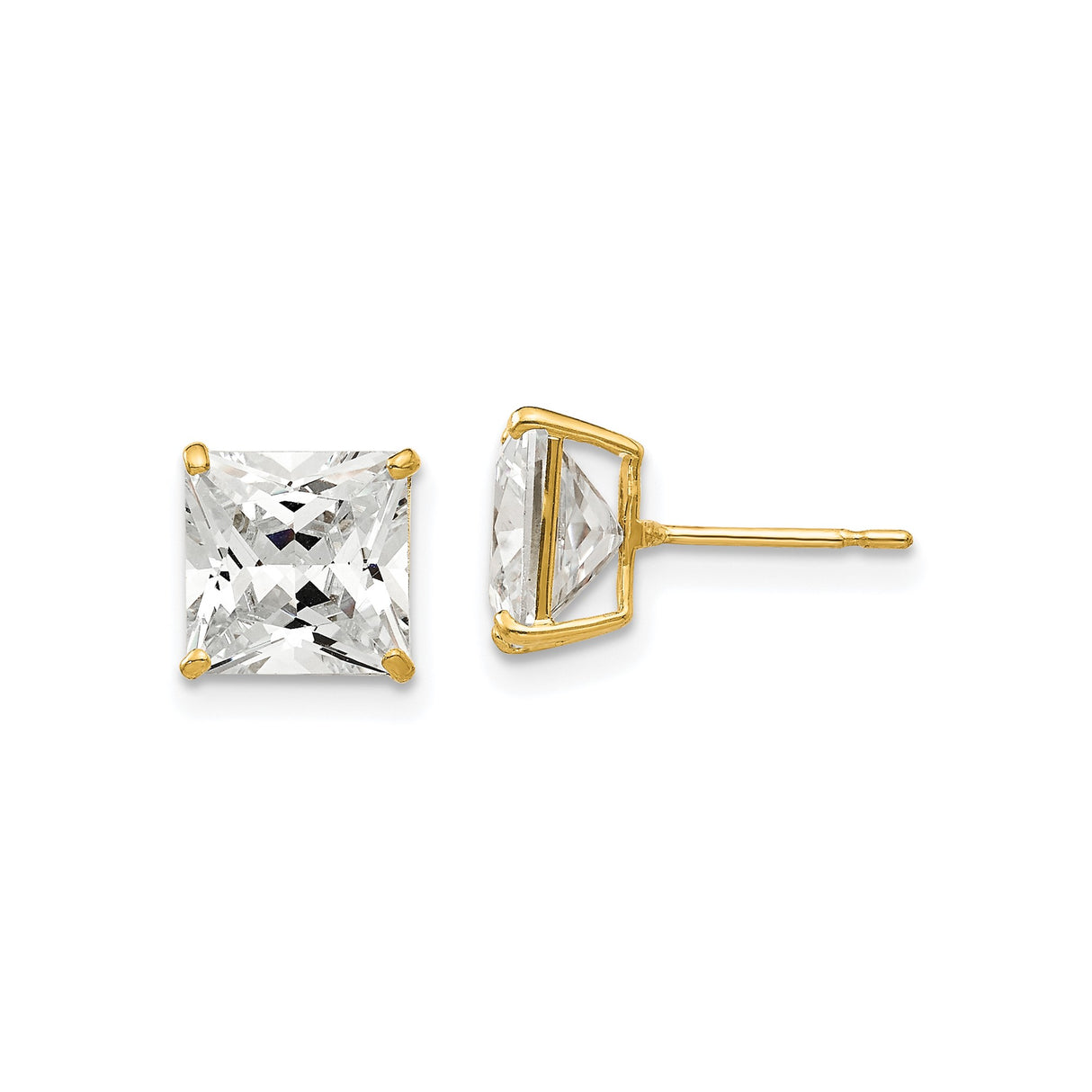 14k Yellow Gold Stud Earrings with Square Princess Cut Cubic Zirconia, Minimalist Design