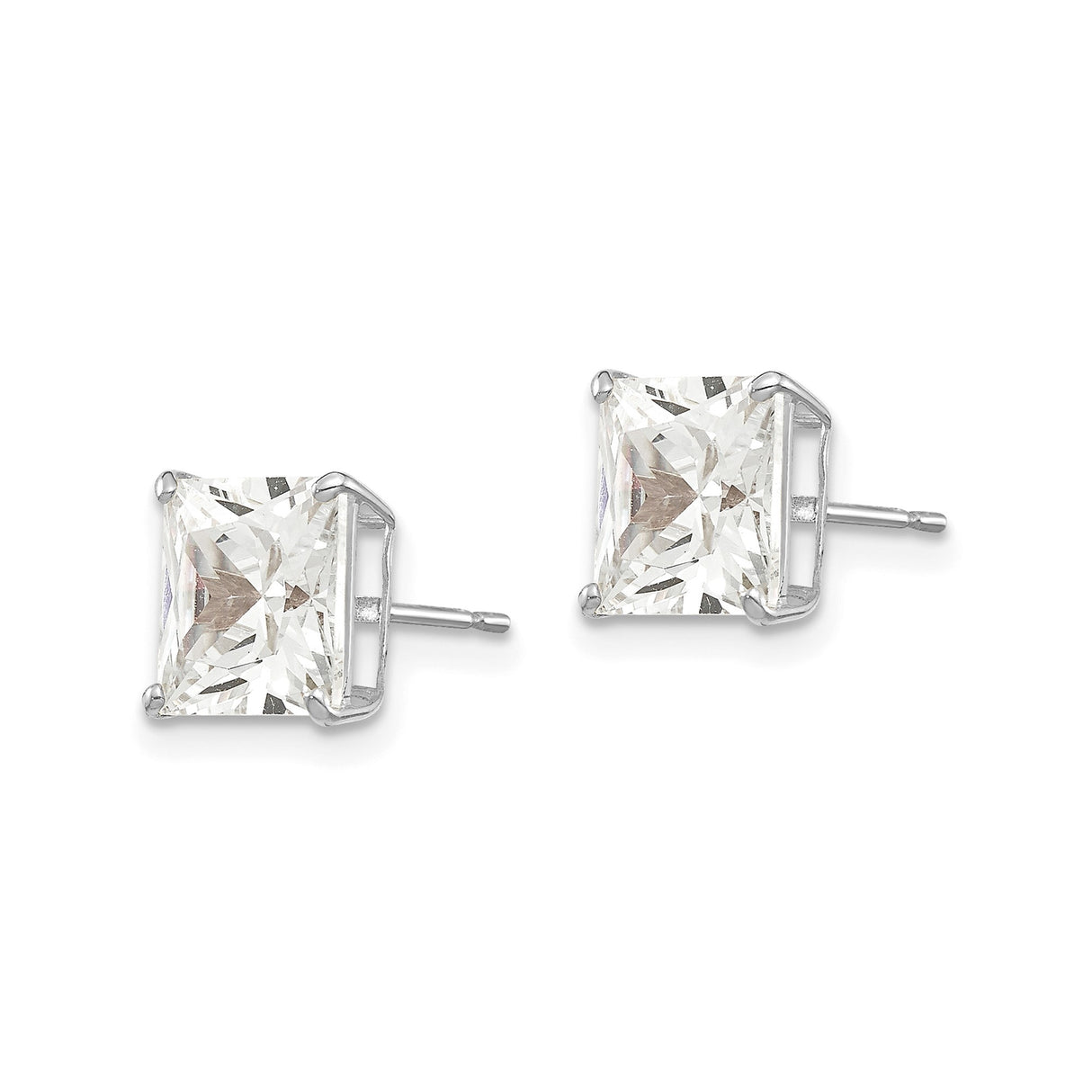 14k White Gold Princess Cut Cubic Zirconia Stud Earrings, Four Prong Square Setting