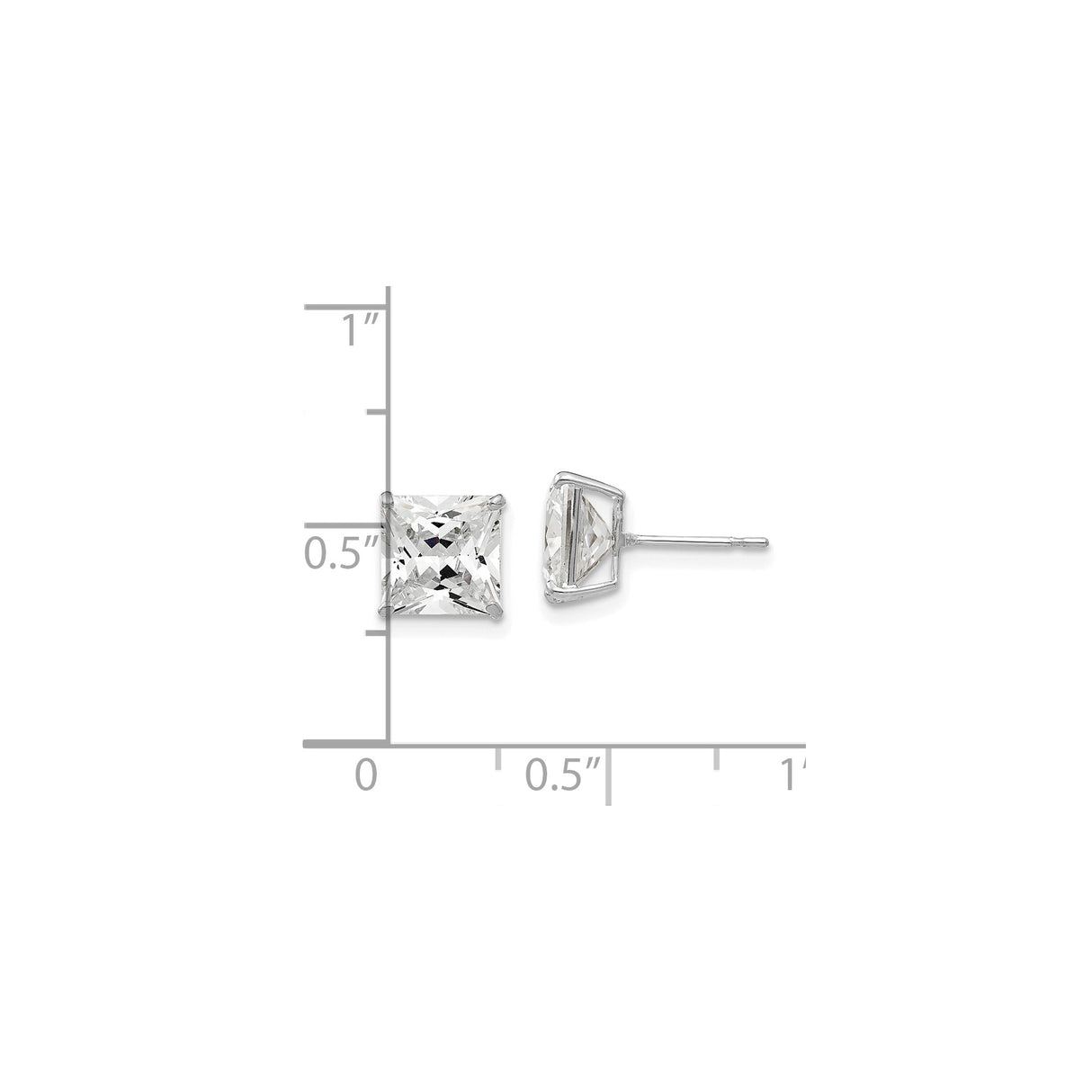 14k White Gold Princess Cut Cubic Zirconia Stud Earrings, Four Prong Square Setting