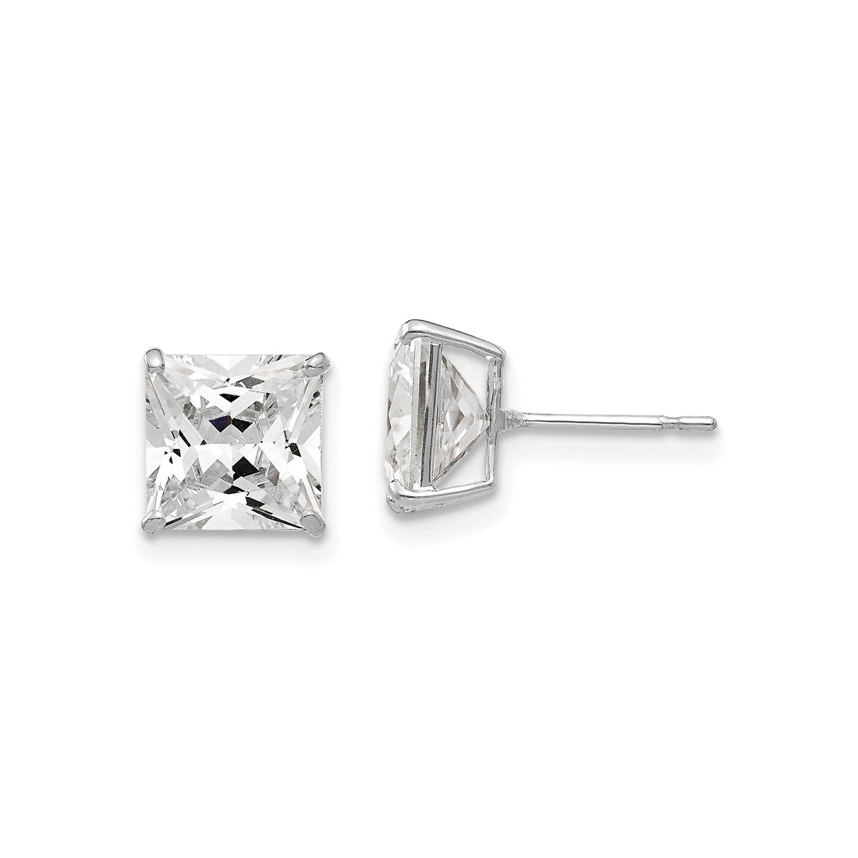 14k White Gold Princess Cut Cubic Zirconia Stud Earrings, Four Prong Square Setting