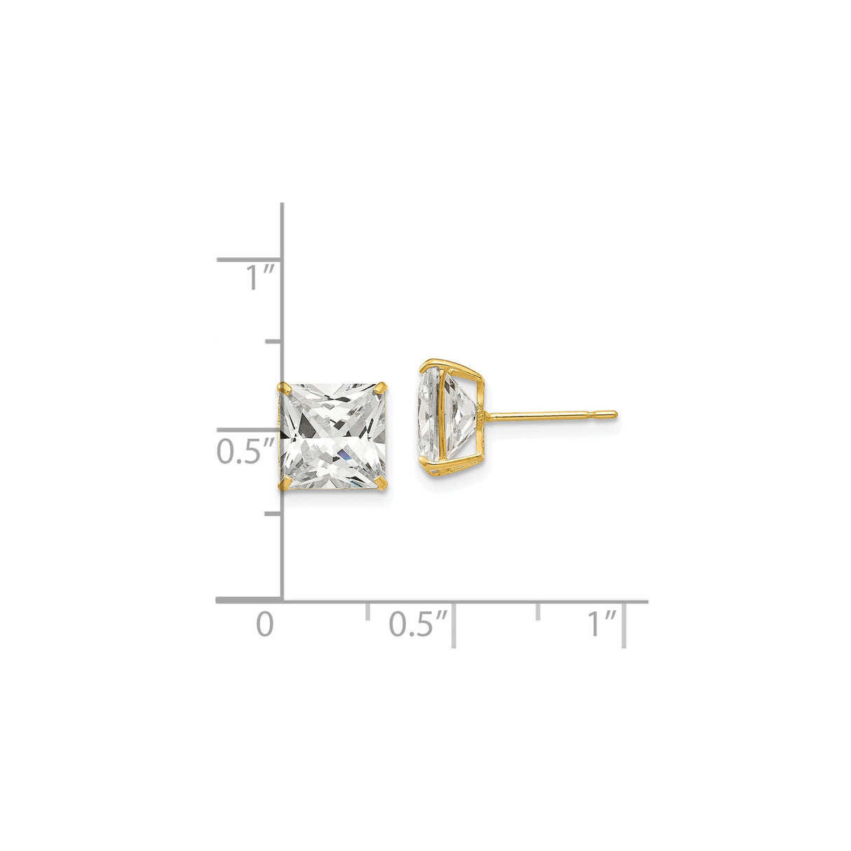 14k Yellow Gold Princess Cut Stud Earrings with Cubic Zirconia, Classic Four Prong Solitaire Design