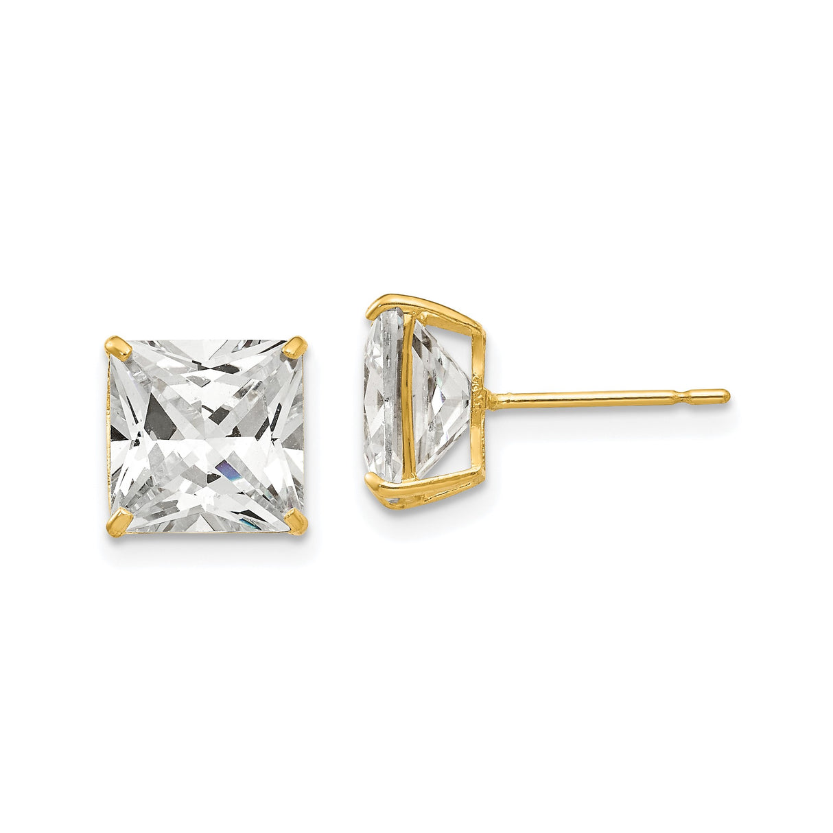 14k Yellow Gold Princess Cut Stud Earrings with Cubic Zirconia, Classic Four Prong Solitaire Design