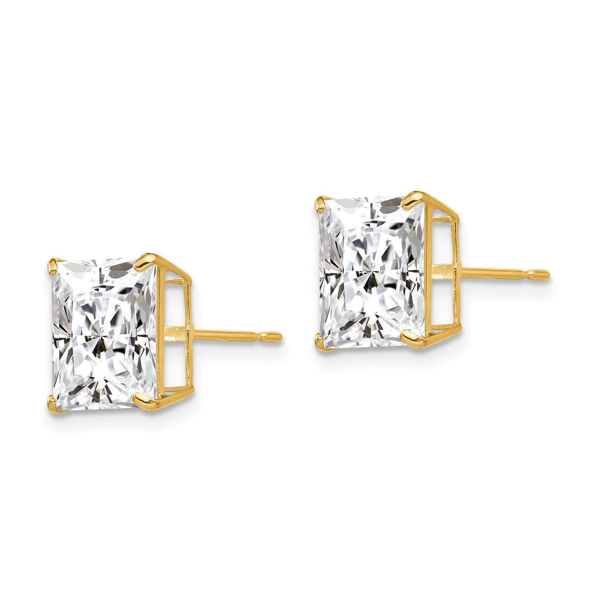 14k Yellow Gold Princess Cut Stud Earrings with Clear Cubic Zirconia Stones, Square Design