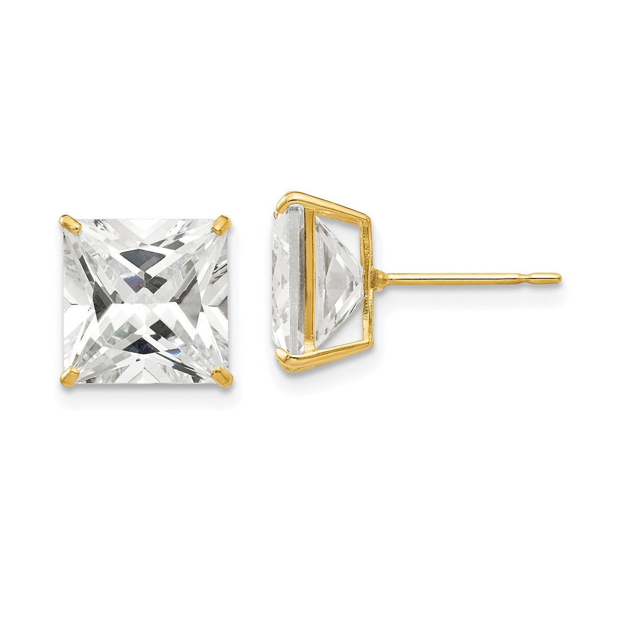 14k Yellow Gold Princess Cut Stud Earrings with Clear Cubic Zirconia Stones, Square Design