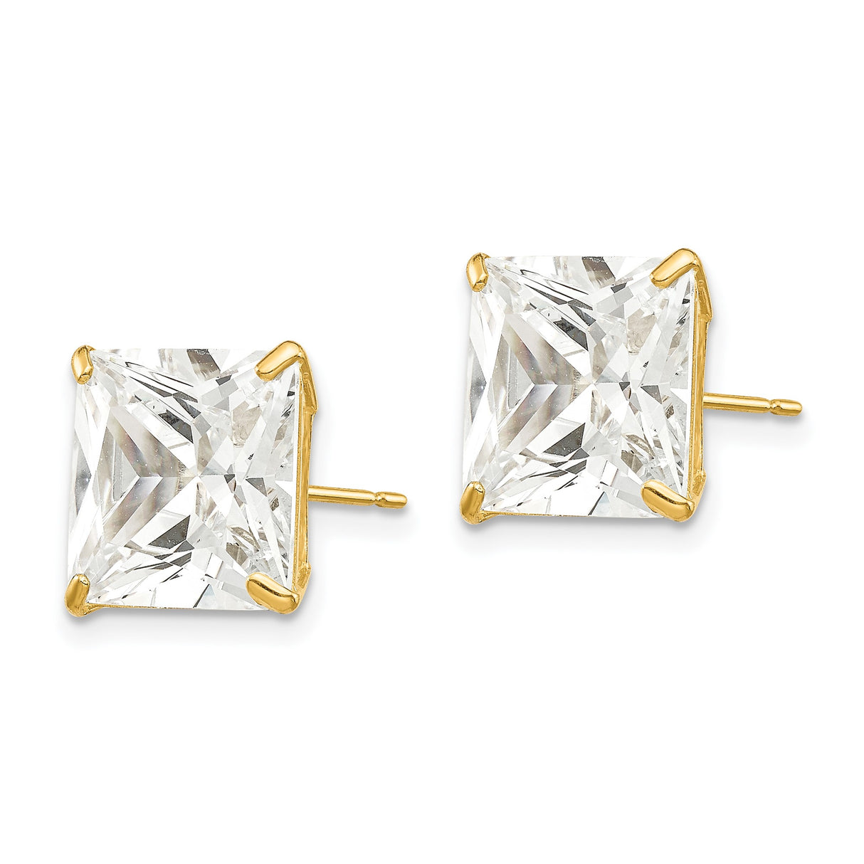 14k Yellow Gold Stud Earrings with Princess Cut Cubic Zirconia, Classic Four-Prong Setting