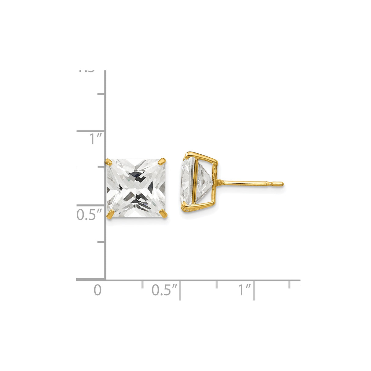 14k Yellow Gold Stud Earrings with Princess Cut Cubic Zirconia, Classic Four-Prong Setting