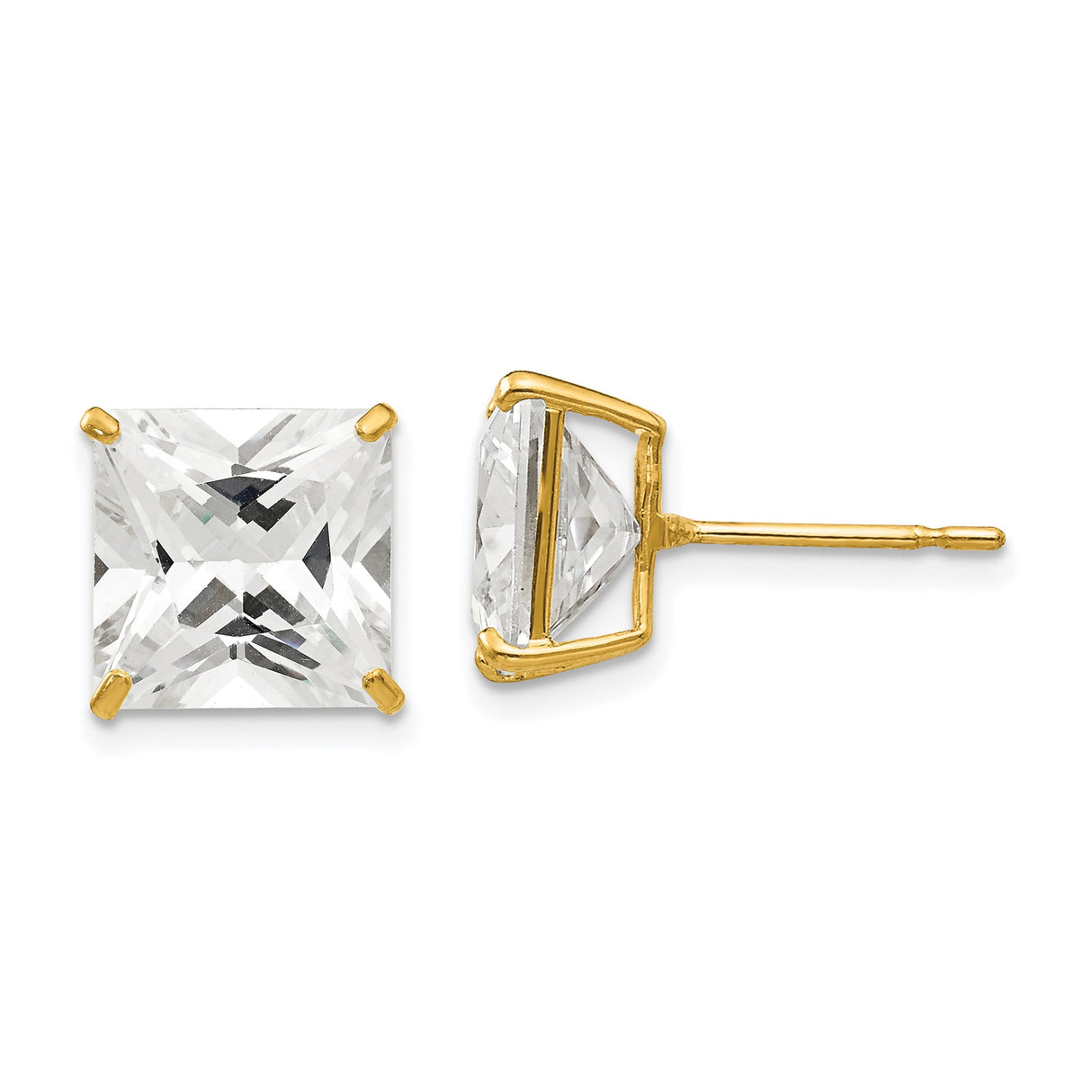 14k Yellow Gold Stud Earrings with Princess Cut Cubic Zirconia, Classic Four-Prong Setting