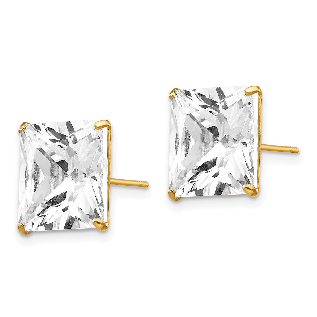 14k Yellow Gold Stud Earrings with Square Princess Cut Cubic Zirconia, Solitaire Style