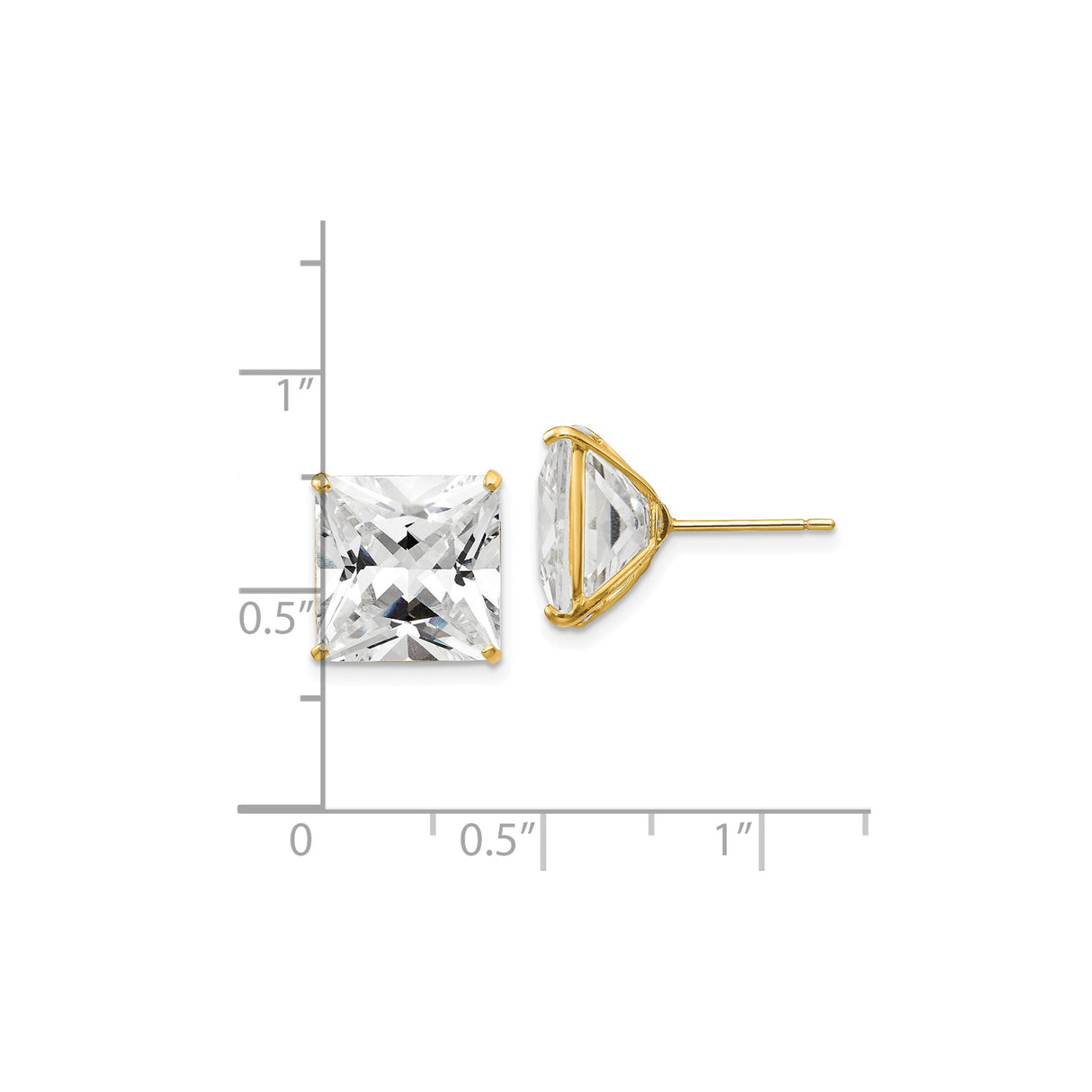 14k Yellow Gold Stud Earrings with Square Princess Cut Cubic Zirconia, Solitaire Style