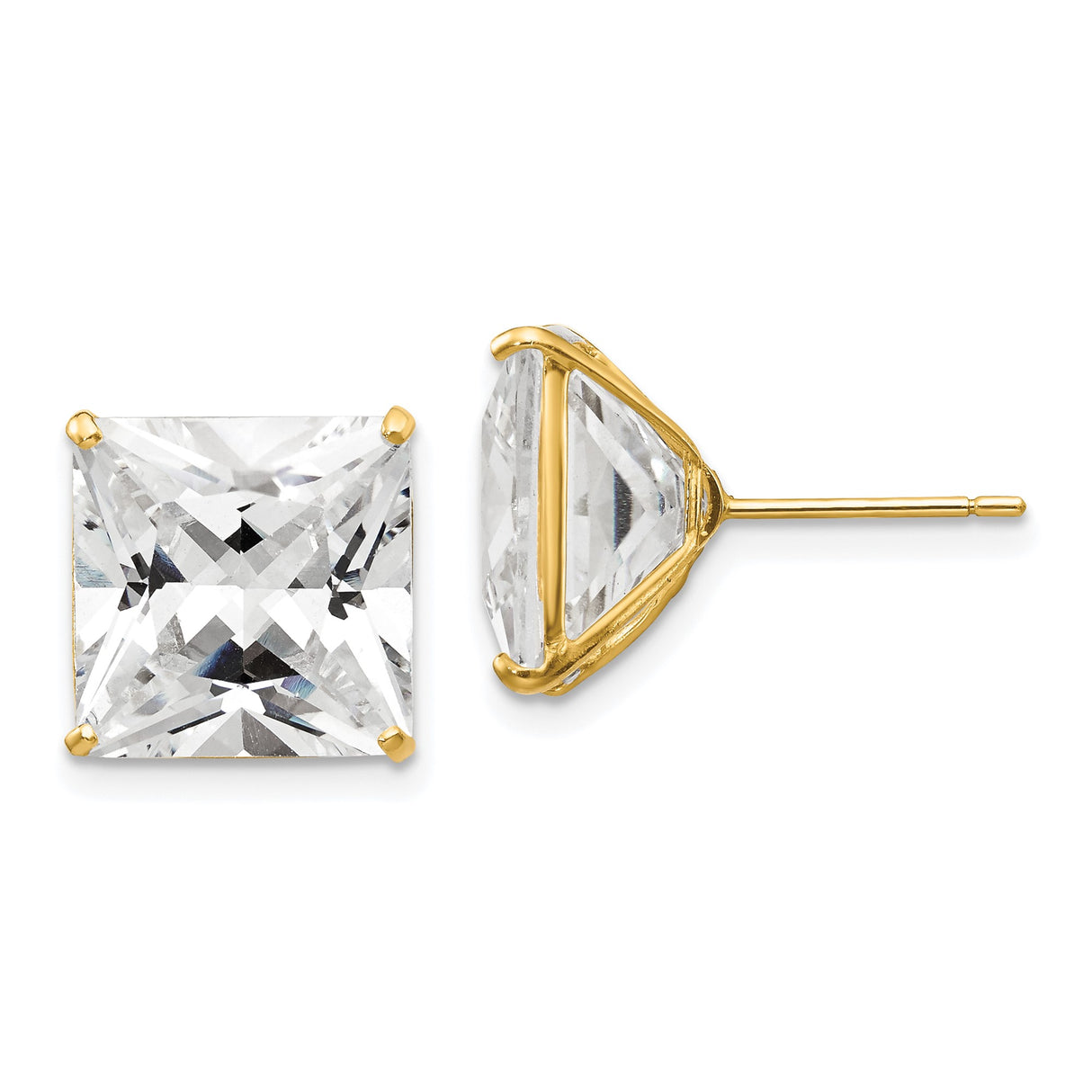 14k Yellow Gold Stud Earrings with Square Princess Cut Cubic Zirconia, Solitaire Style