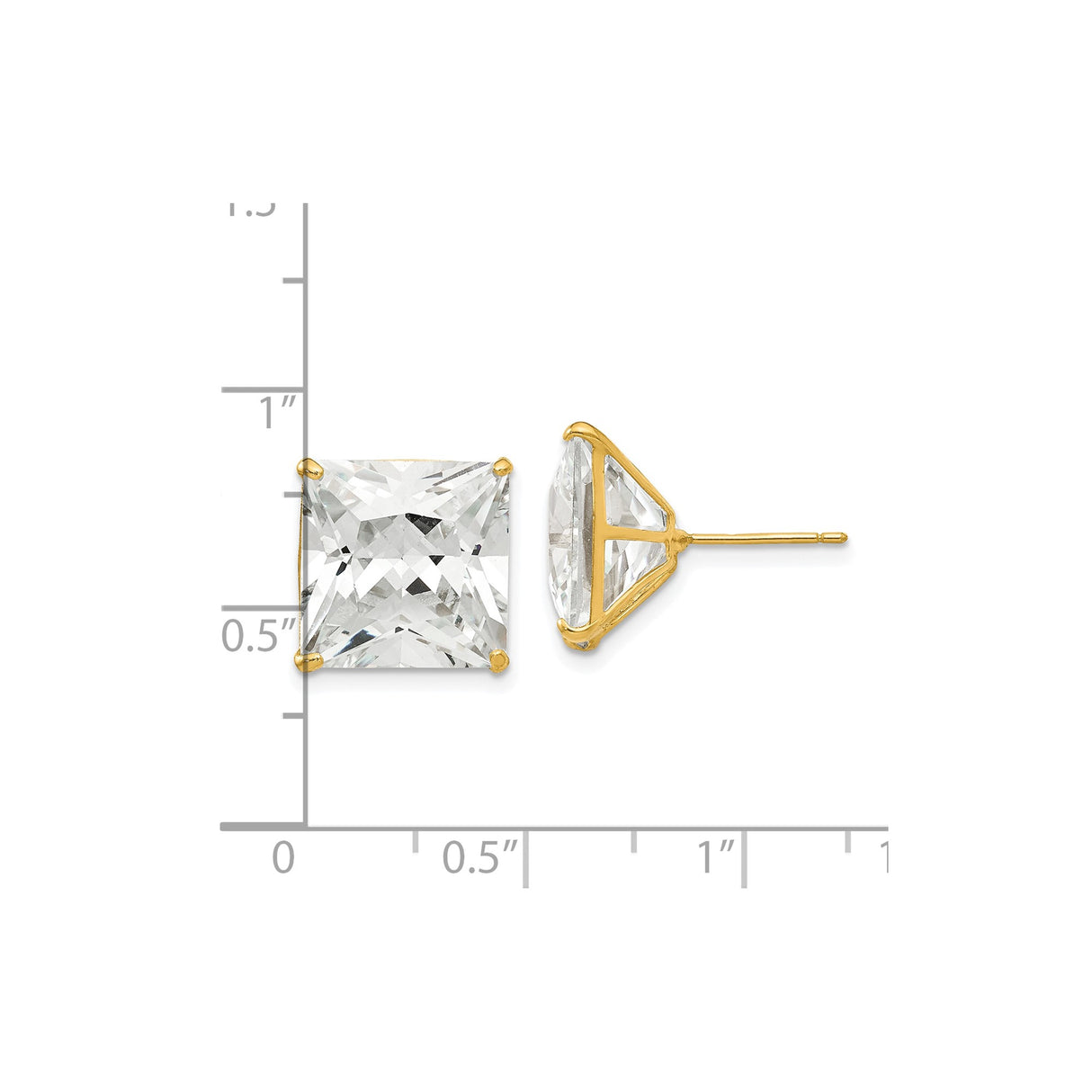 14k Yellow Gold Princess Cut Stud Earrings with Clear Cubic Zirconia , Minimalist Design