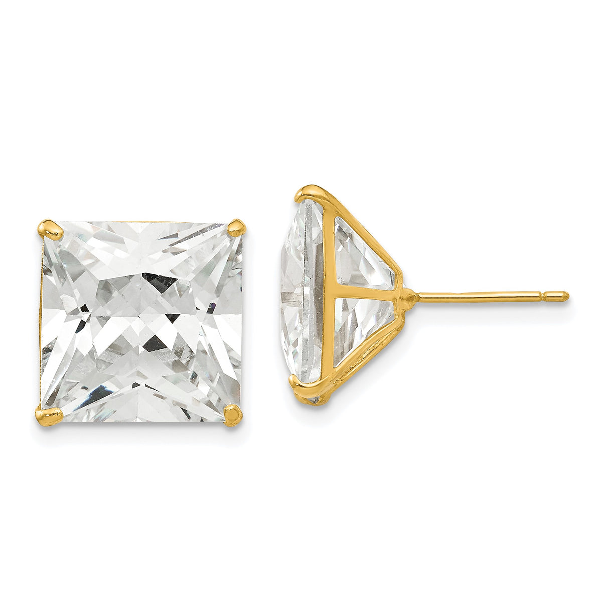 14k Yellow Gold Princess Cut Stud Earrings with Clear Cubic Zirconia , Minimalist Design