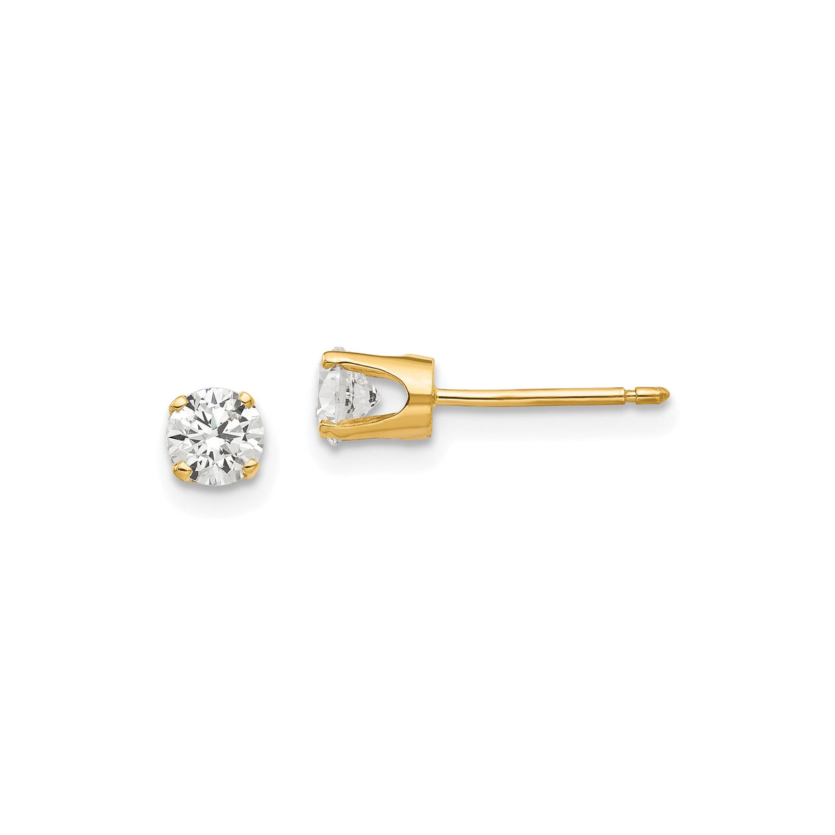 14k Yellow Gold Stud Earrings with Round Cubic Zirconia, Four Prong Setting, Minimalist Style