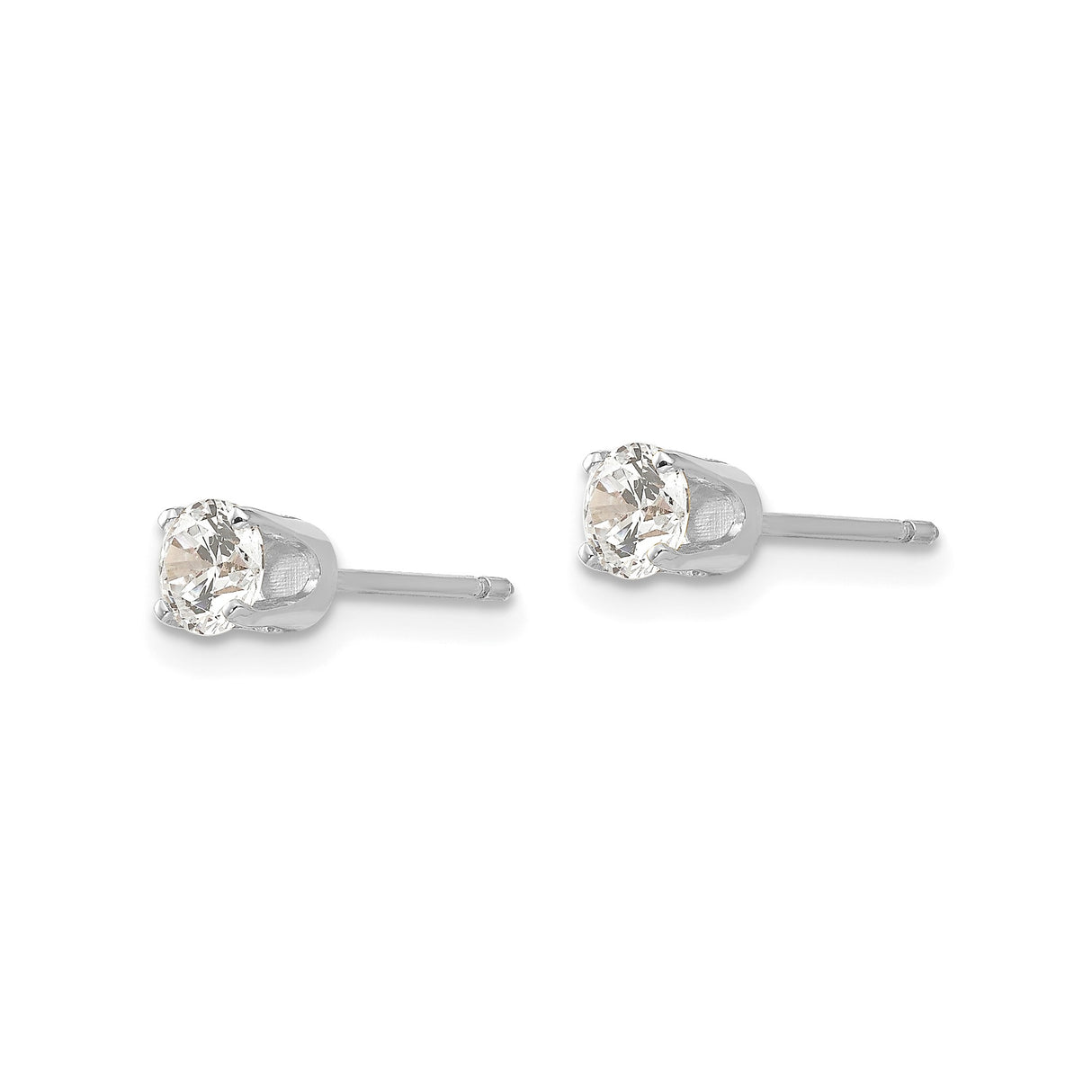 14k White Gold Stud Earrings with Round Cut Cubic Zirconia, Solitaire Four Prong Setting