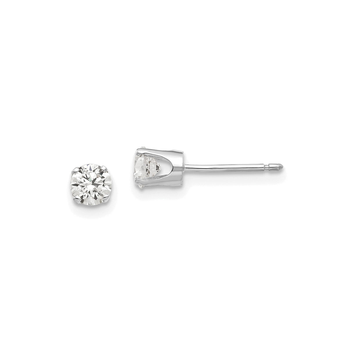 14k White Gold Stud Earrings with Round Cut Cubic Zirconia, Solitaire Four Prong Setting