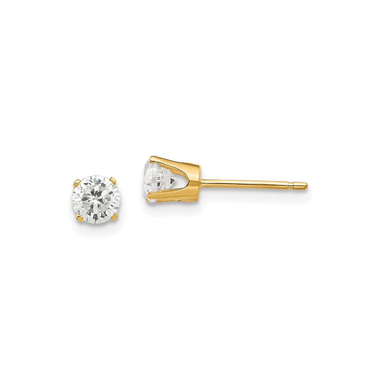 14k Yellow Gold Stud Earrings with Round Cut Cubic Zirconia, Solitaire Prong Setting
