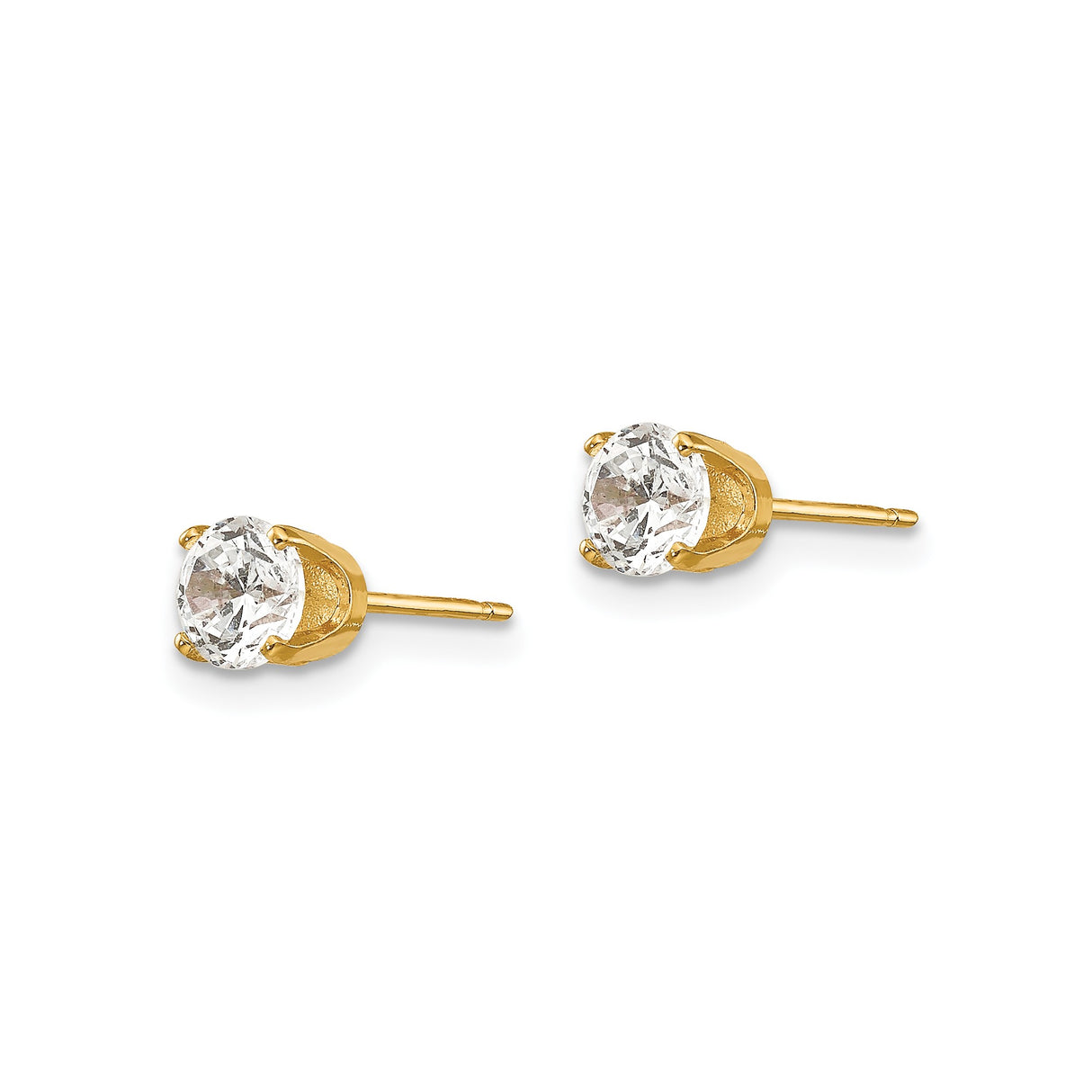 14k Yellow Gold Stud Earrings with Round Cubic Zirconia in Solitaire 4-Prong Basket Setting