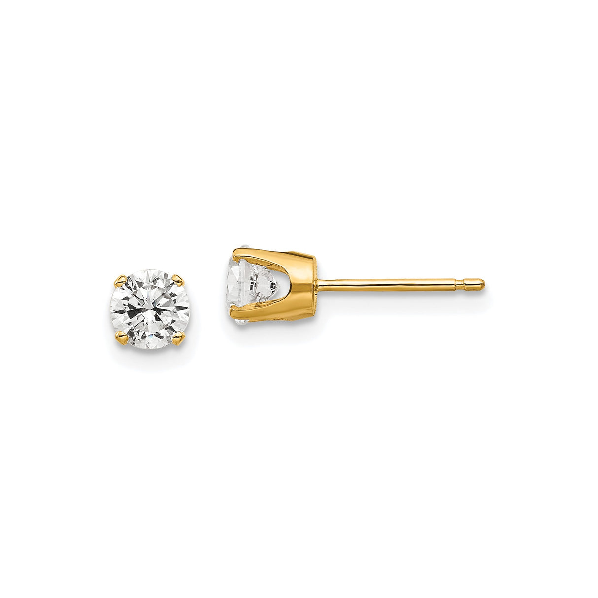 14k Yellow Gold Stud Earrings with Round Cubic Zirconia in Solitaire 4-Prong Basket Setting