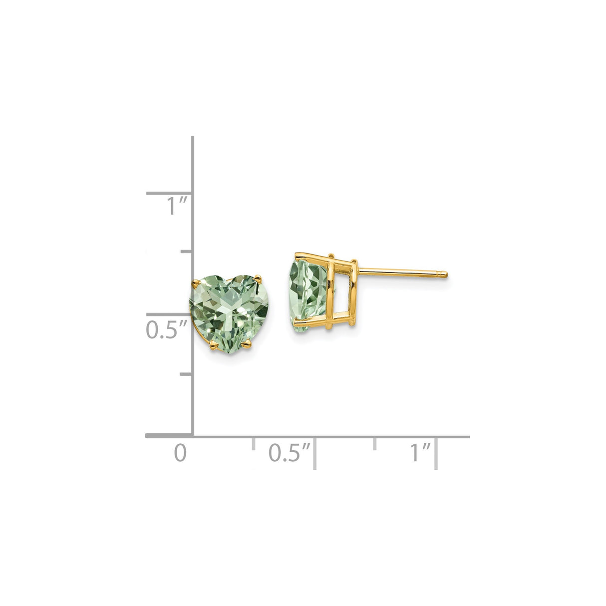 14k Yellow Gold Heart Stud Earrings with Green Quartz, Romantic Design for Women
