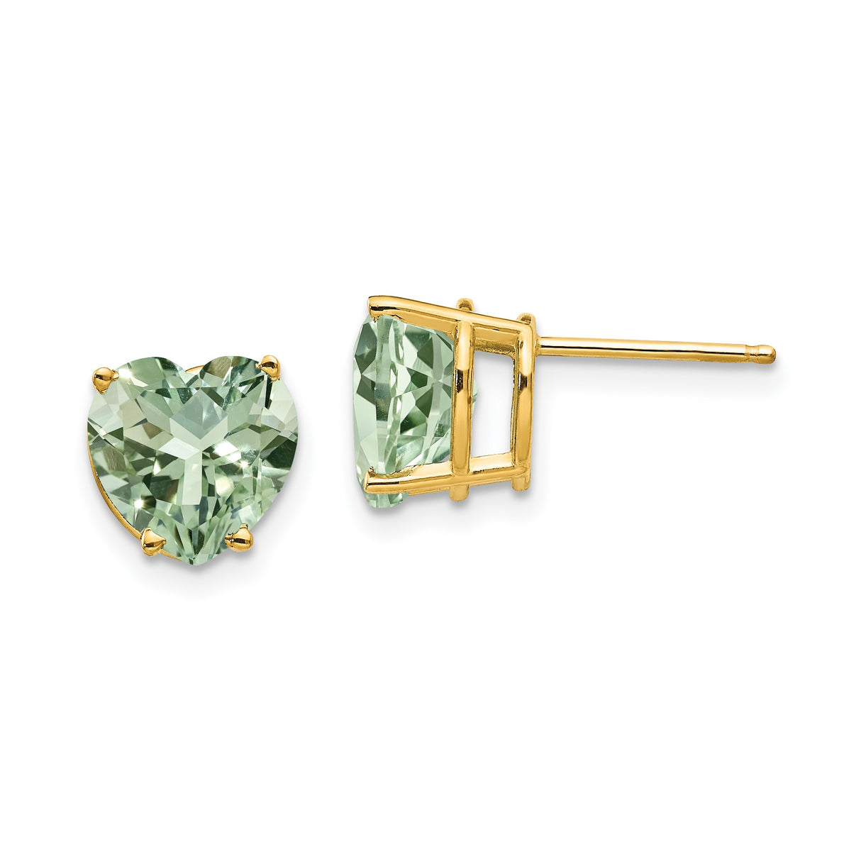 14k Yellow Gold Heart Stud Earrings with Green Quartz, Romantic Design for Women