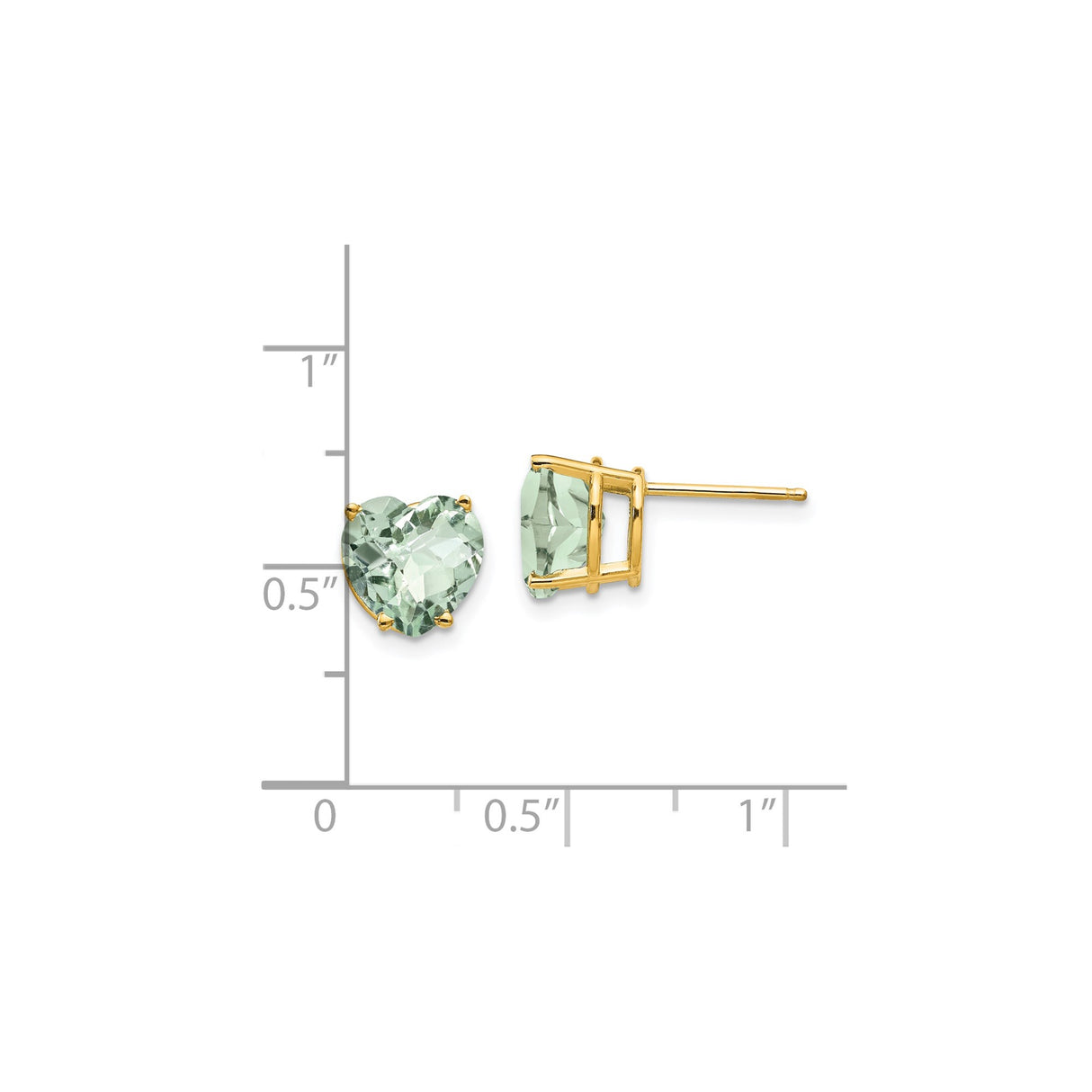 14k Yellow Gold Heart Stud Earrings with Light Green Quartz, Romantic Minimal Design for Women