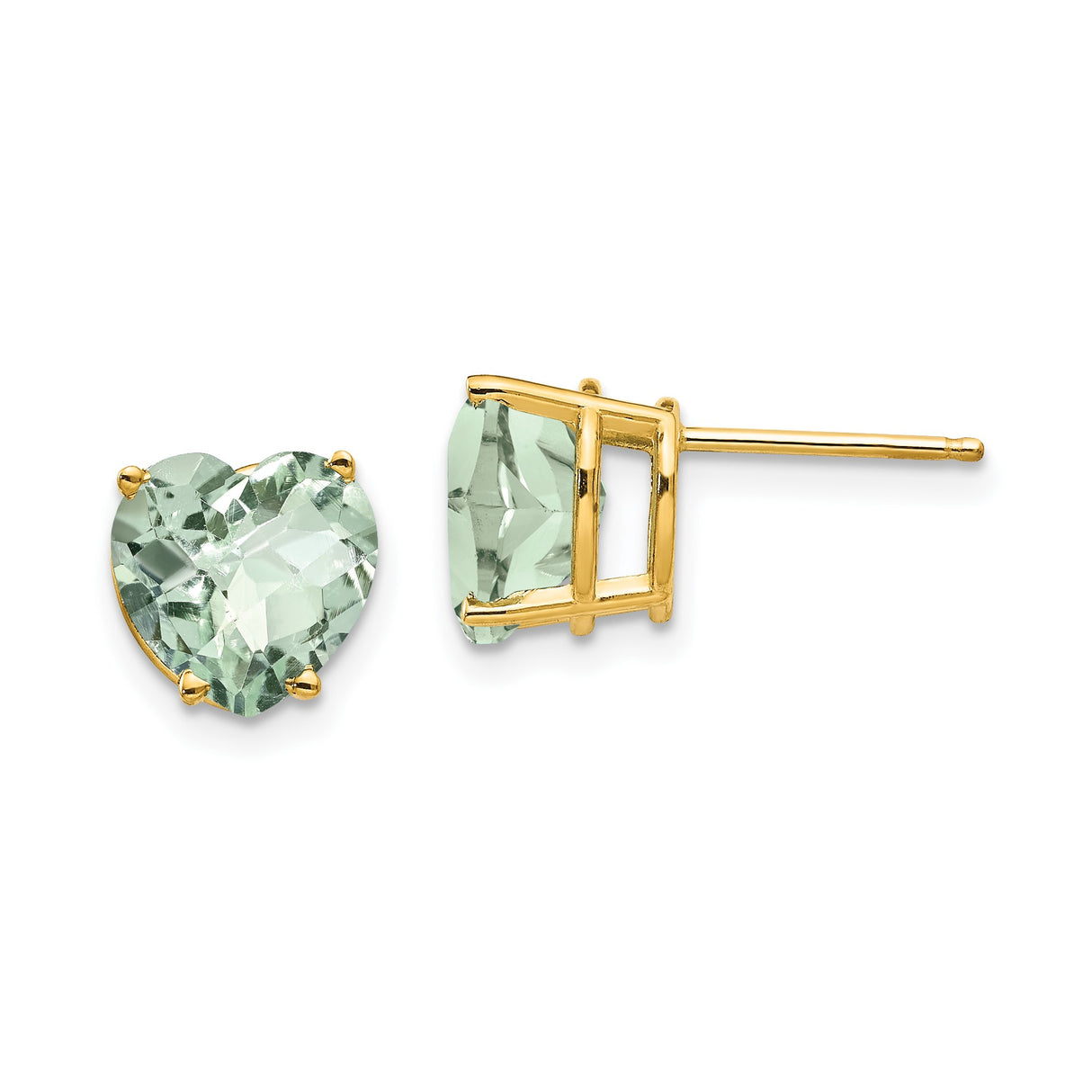 14k Yellow Gold Heart Stud Earrings with Light Green Quartz, Romantic Minimal Design for Women