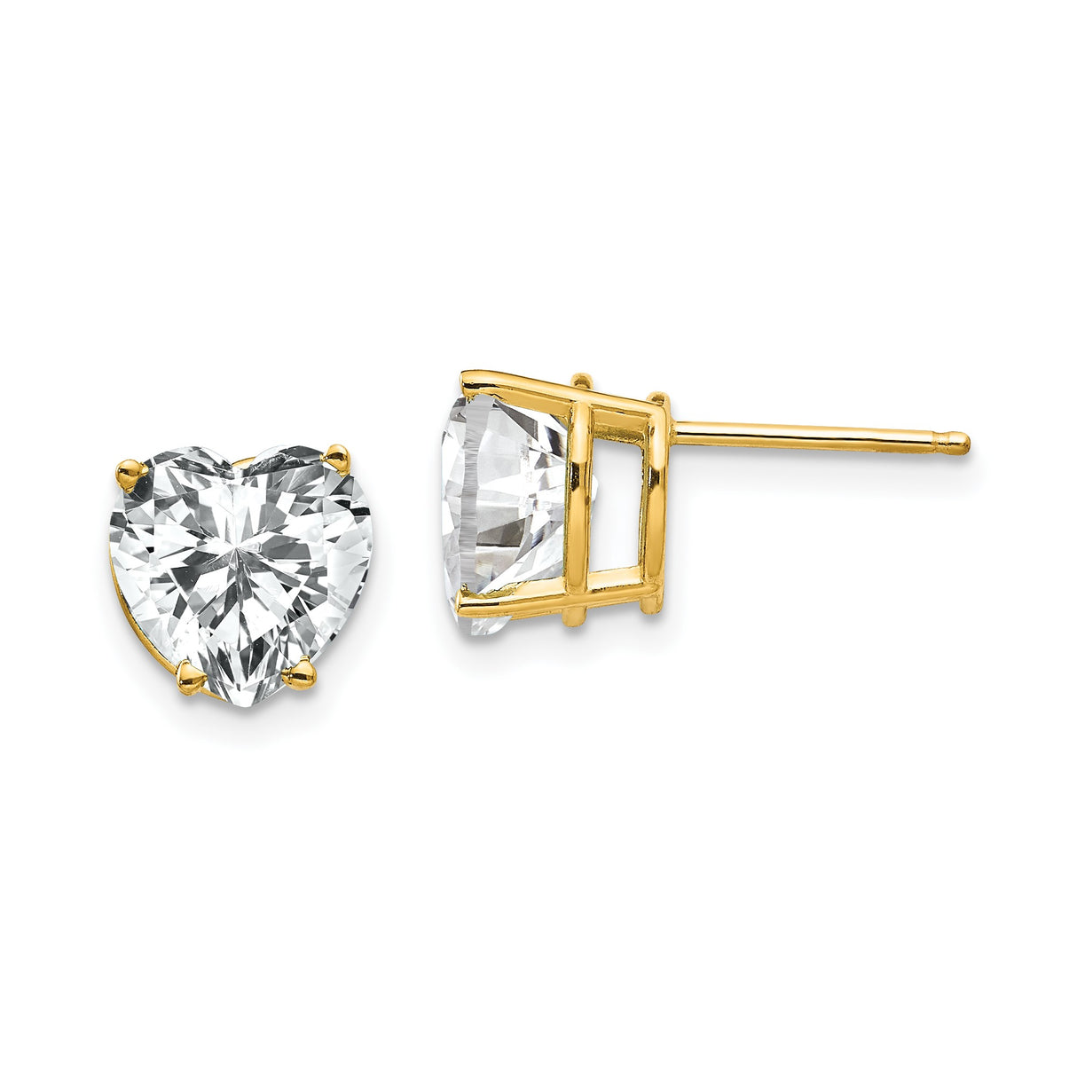14k Yellow Gold Heart Shaped Stud Earrings with Cubic Zirconia, Solitaire Style for Women