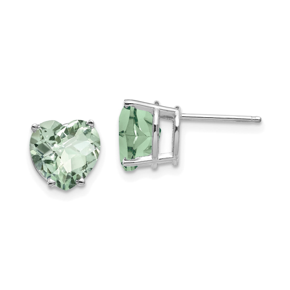 14k White Gold Heart Shaped Stud Earrings with Light Green Quartz Gemstones