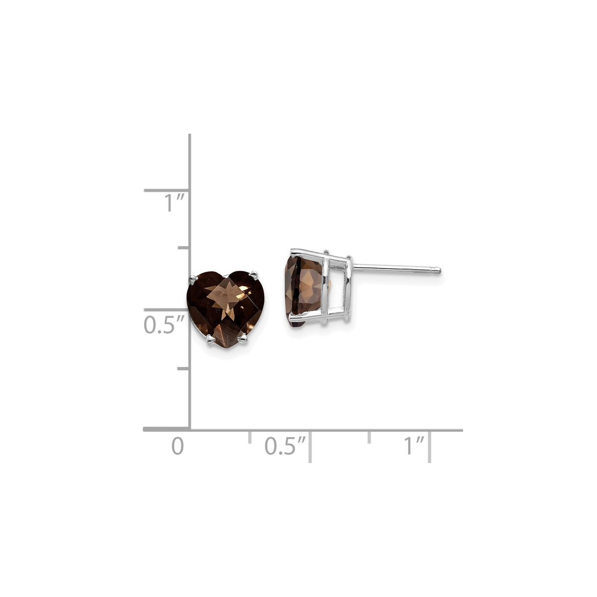 14k White Gold Heart Shaped Smoky Quartz Stud Earrings, Checkered Cut Design