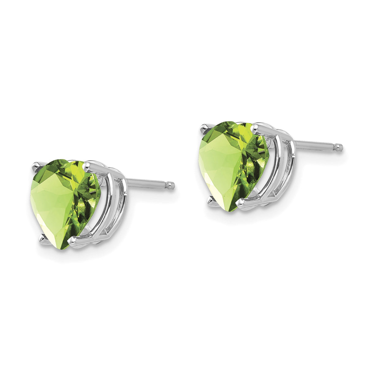 14k White Gold Heart Stud Earrings with Peridot Gemstones, Prong Set Romantic Style