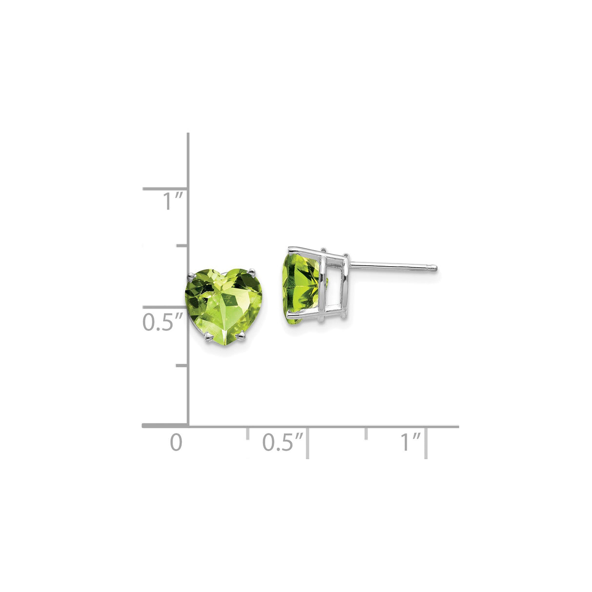 14k White Gold Heart Stud Earrings with Peridot Gemstones, Prong Set Romantic Style