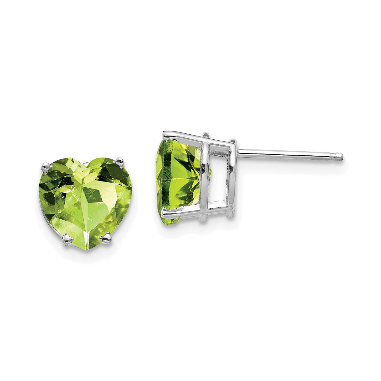 14k White Gold Heart Stud Earrings with Peridot Gemstones, Prong Set Romantic Style