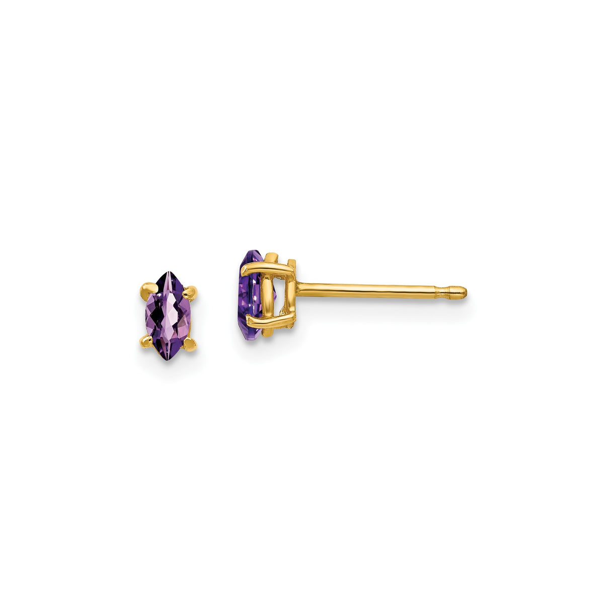 14k Yellow Gold Amethyst Stud Earrings, Marquise Cut, Prong Set Minimalist Design for Women