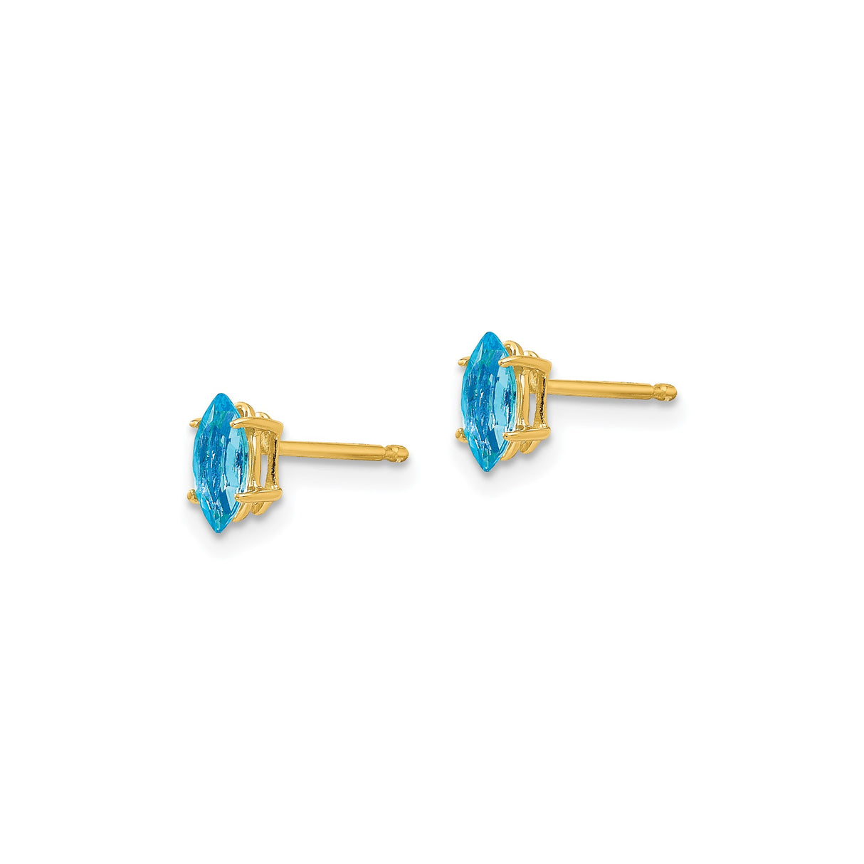14k Yellow Gold Stud Earrings with Marquise Cut Swiss Blue Topaz, Minimalist Design for Women