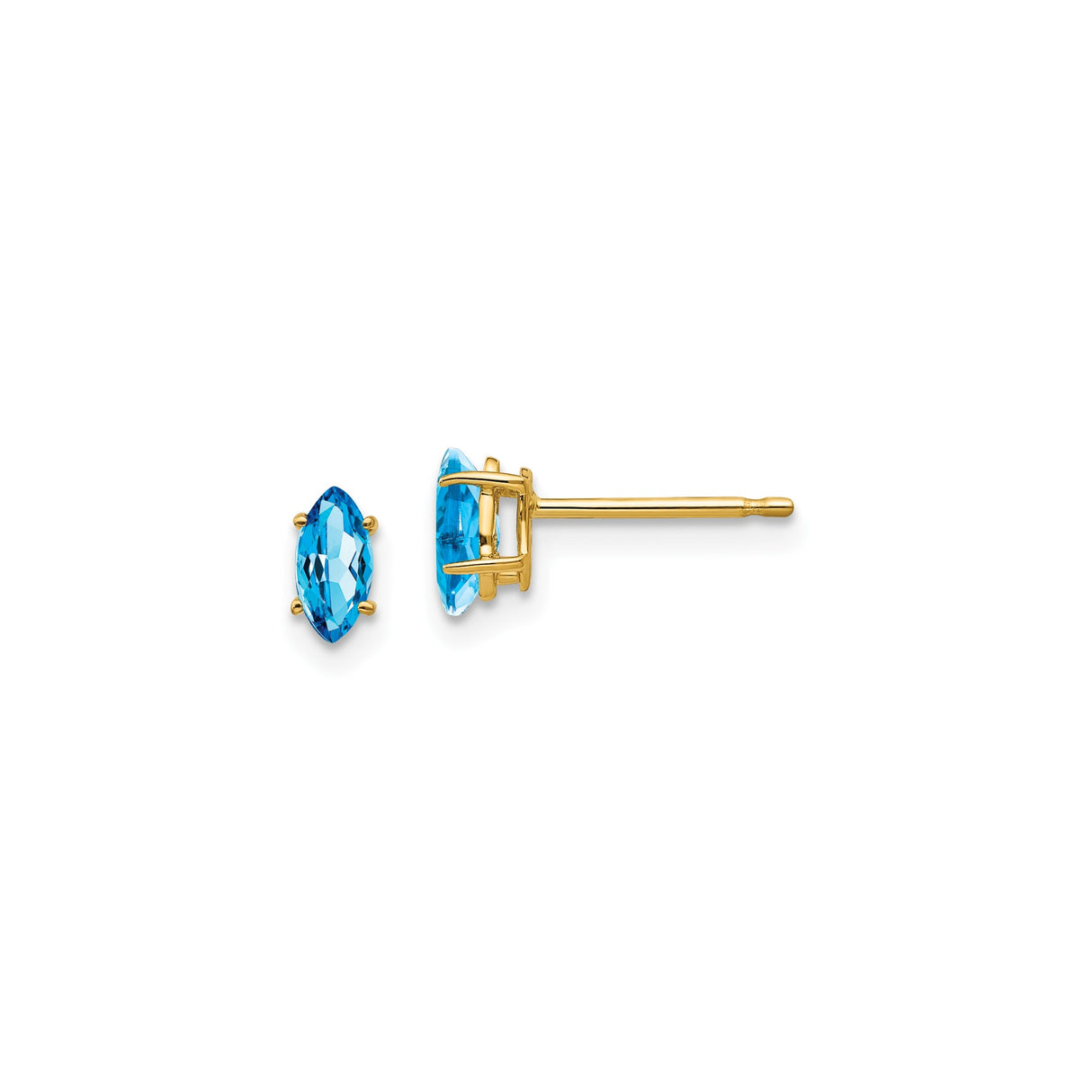 14k Yellow Gold Stud Earrings with Marquise Cut Swiss Blue Topaz, Minimalist Design for Women