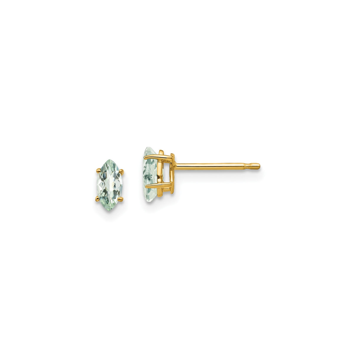 14k Yellow Gold Stud Earrings with Marquise Cut Green Amethyst, Minimalist Prong Set Design