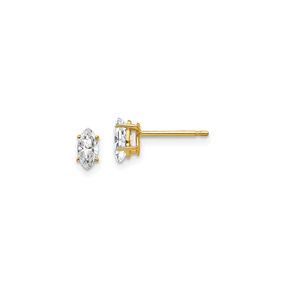 14k Yellow Gold Marquise Stud Earrings with Cubic Zirconia, Four-Prong Solitaire Design