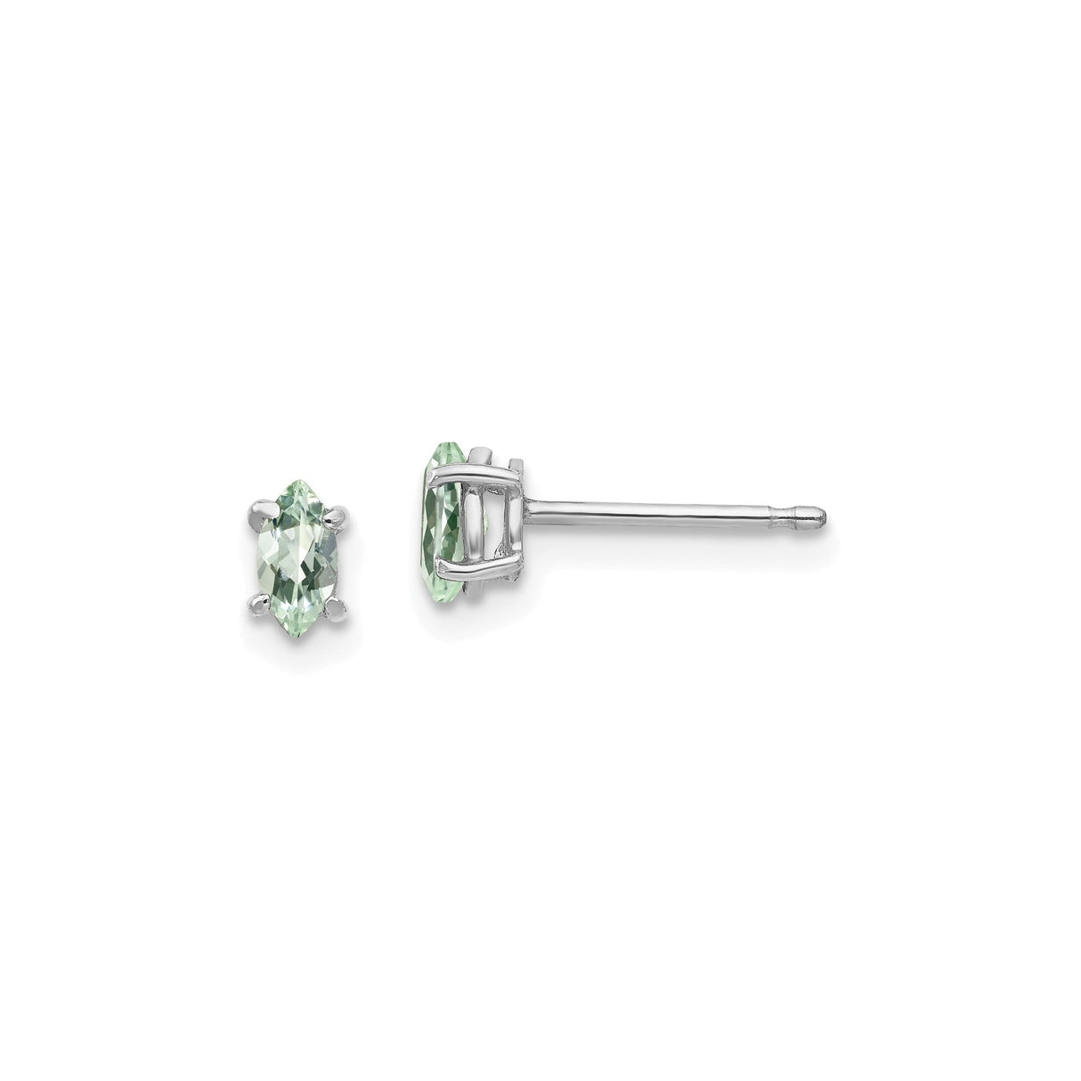 14k White Gold Stud Earrings with Marquise Green Quartz, Minimalist Design for Women