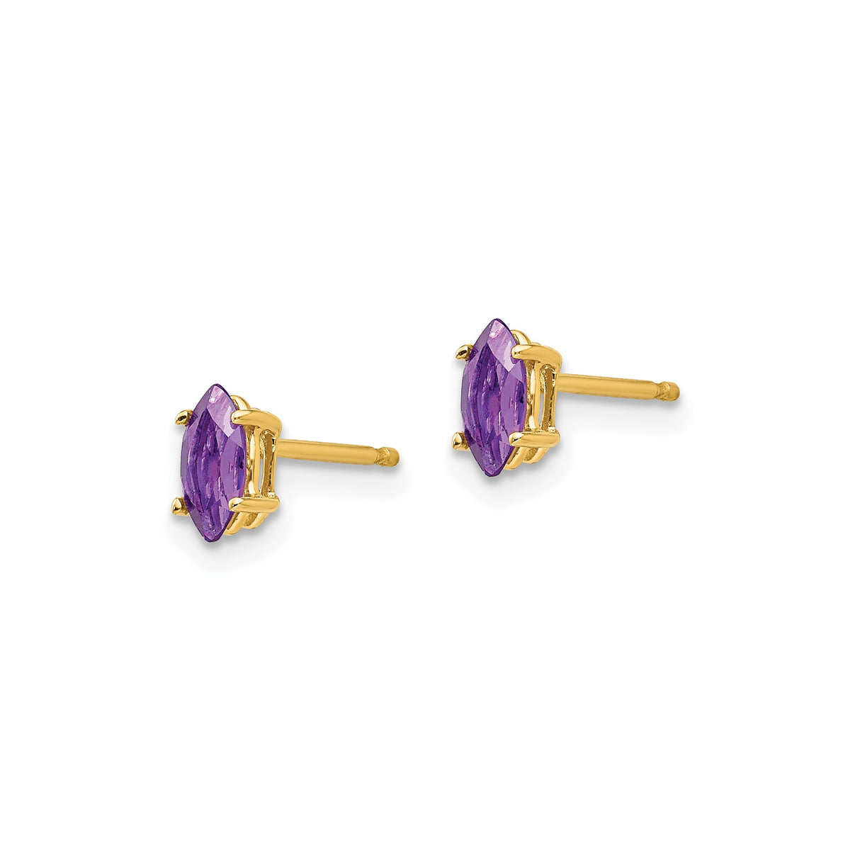 14k Yellow Gold Amethyst Stud Earrings, Marquise Cut Four Prong Setting, February Birthstone