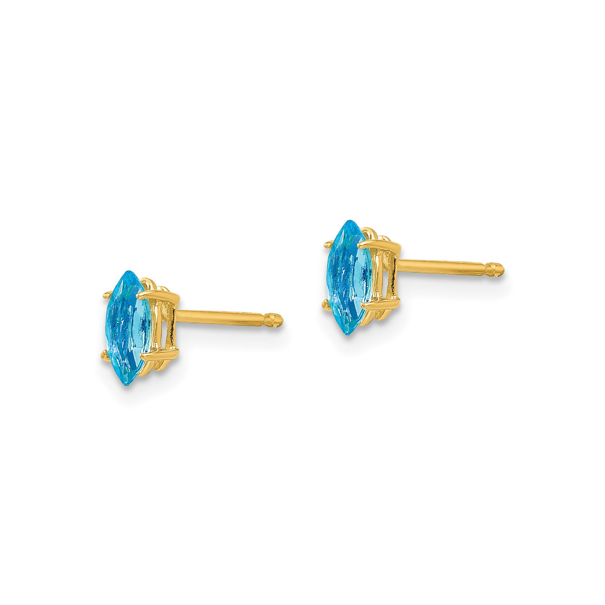 14k Yellow Gold Stud Earrings with Marquise Cut Swiss Blue Topaz, Minimalist Design for Women