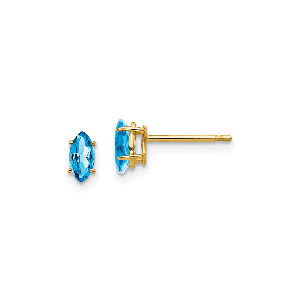 14k Yellow Gold Stud Earrings with Marquise Cut Swiss Blue Topaz, Minimalist Design for Women