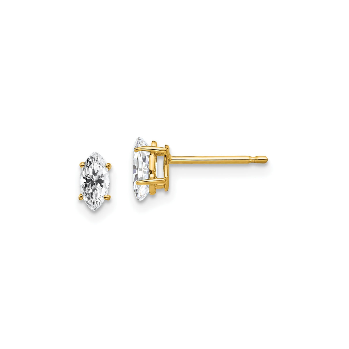14k Yellow Gold Marquise Cut Cubic Zirconia Stud Earrings, Classic Four Prong Setting