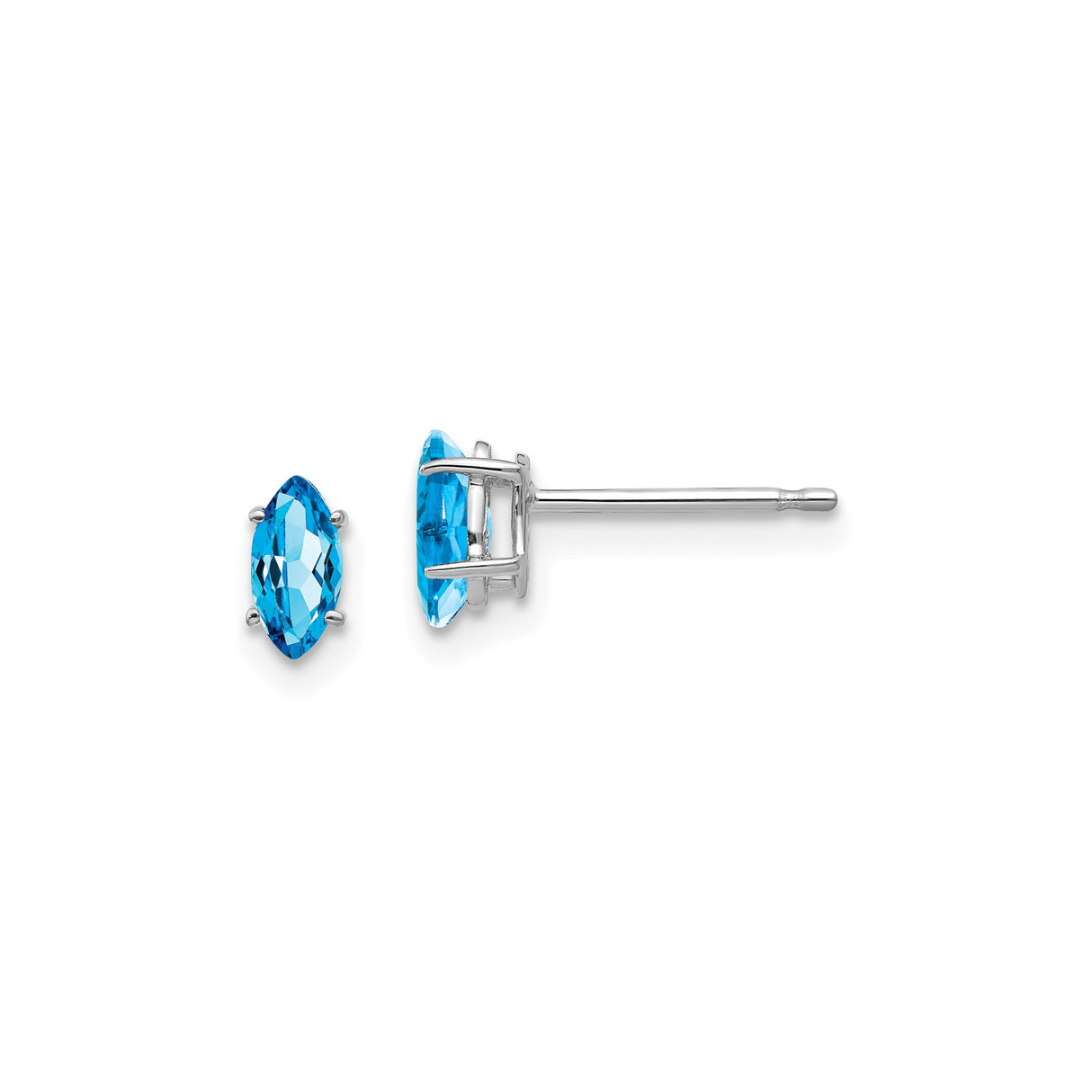14k White Gold Stud Earrings with Swiss Blue Topaz, Marquise Cut Prong Set