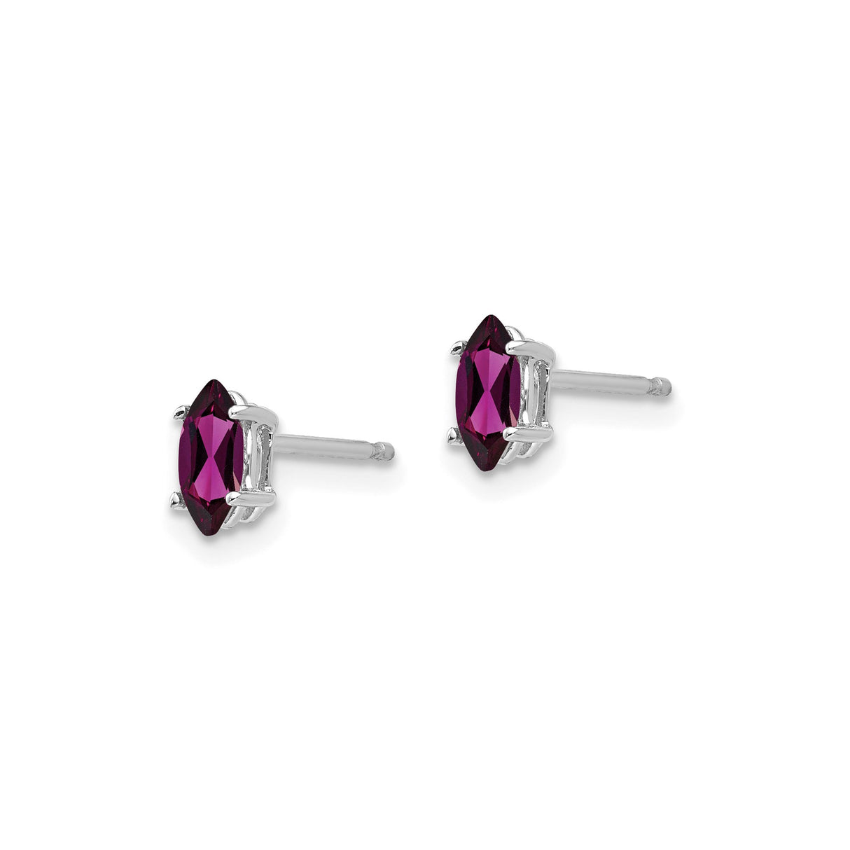 14k White Gold Garnet Stud Earrings with Rhodolite Marquise Gemstones, Classic Four Prong Setting