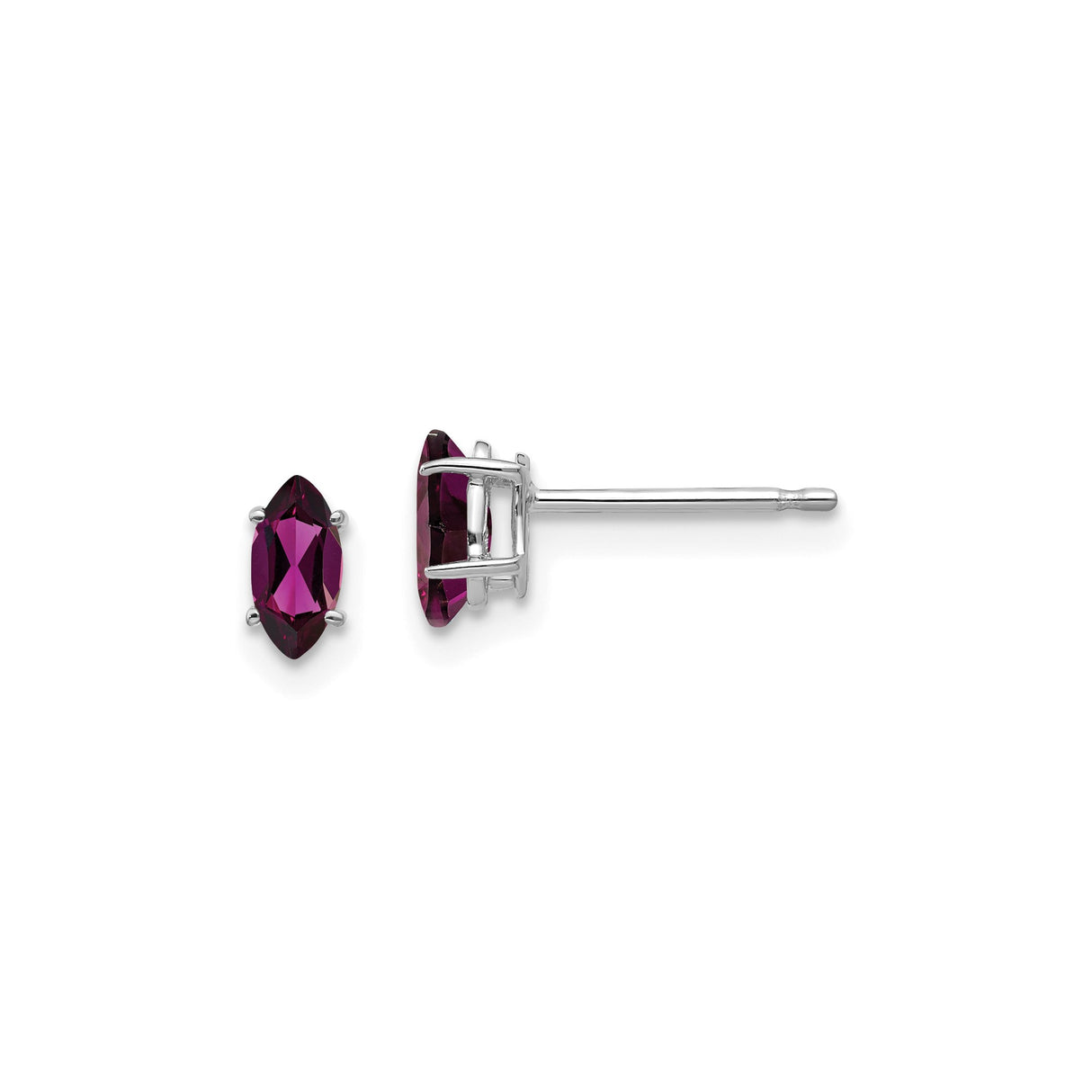 14k White Gold Garnet Stud Earrings with Rhodolite Marquise Gemstones, Classic Four Prong Setting