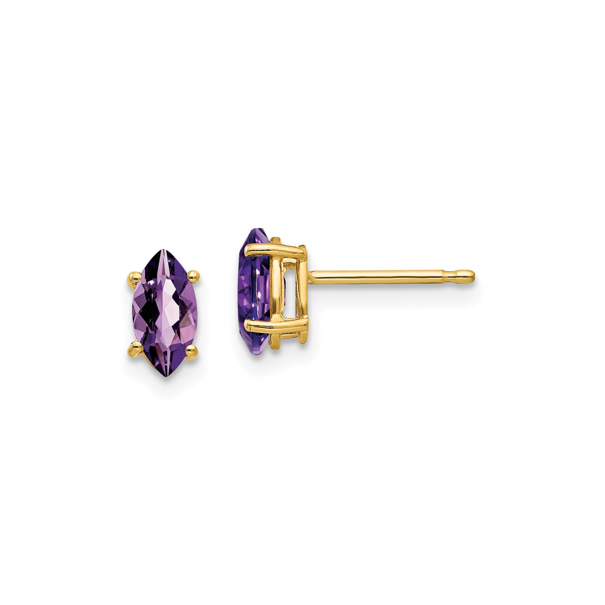 14k Yellow Gold Marquise Cut Amethyst Stud Earrings, Minimalist Design for Women